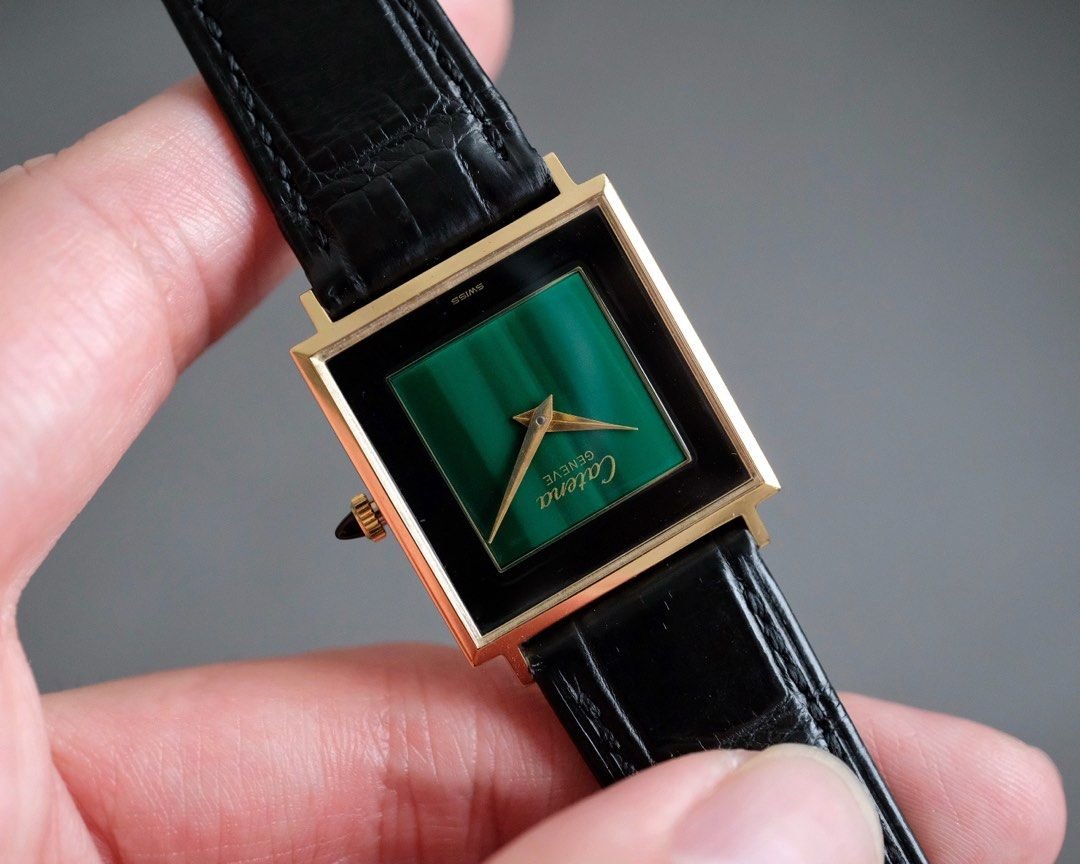 Vintage Catena 14K Gold Plated Green Malachite Dial Manual Wind - Image 4