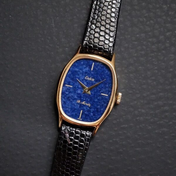 NOS Vintage Eska St. Moritz Ellipse Gold-Plated Lapis Lazuli Dial