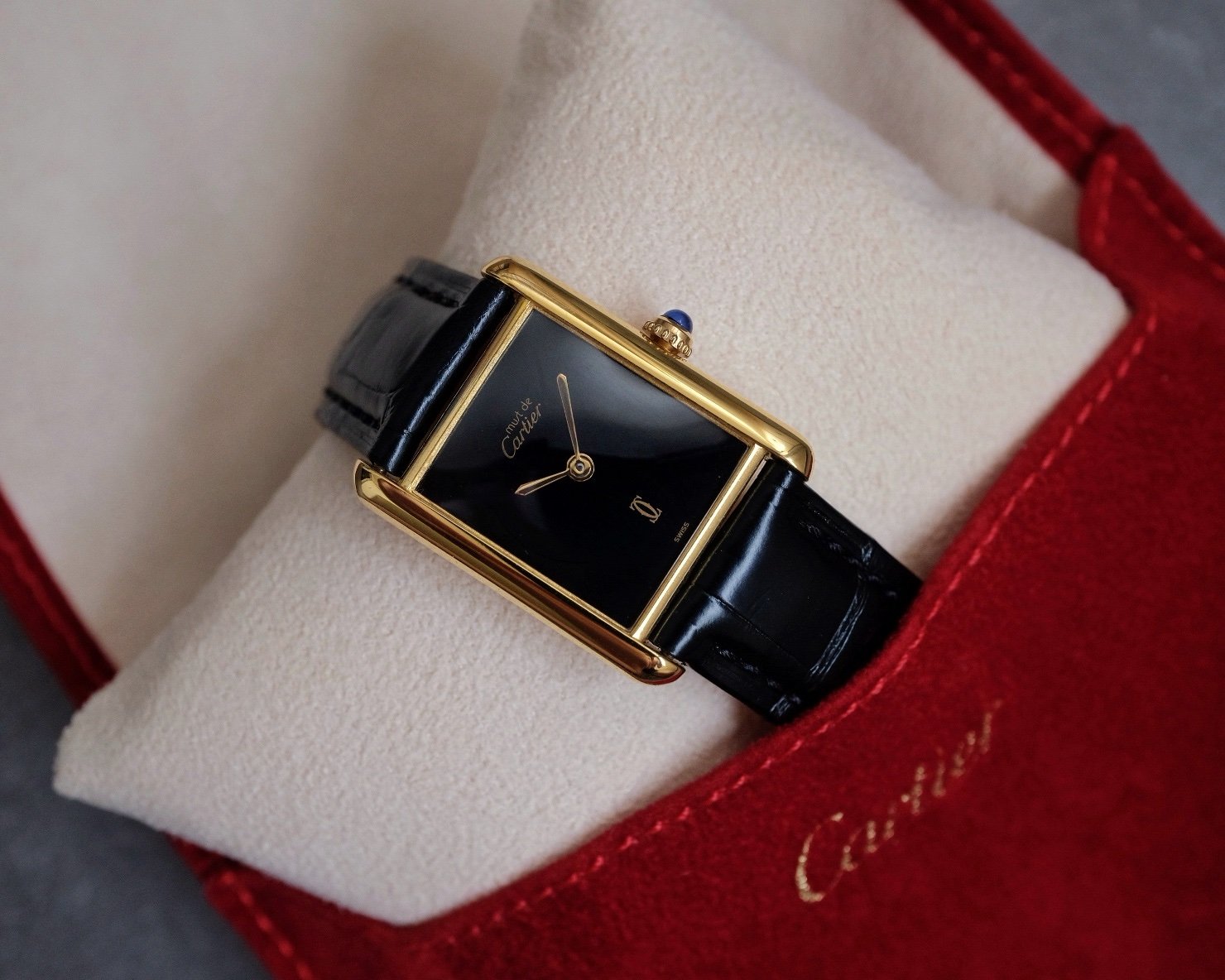 Must de Cartier Tank Vermeil GM Black “Onyx” Dial Ref. 6 Manual Wind
